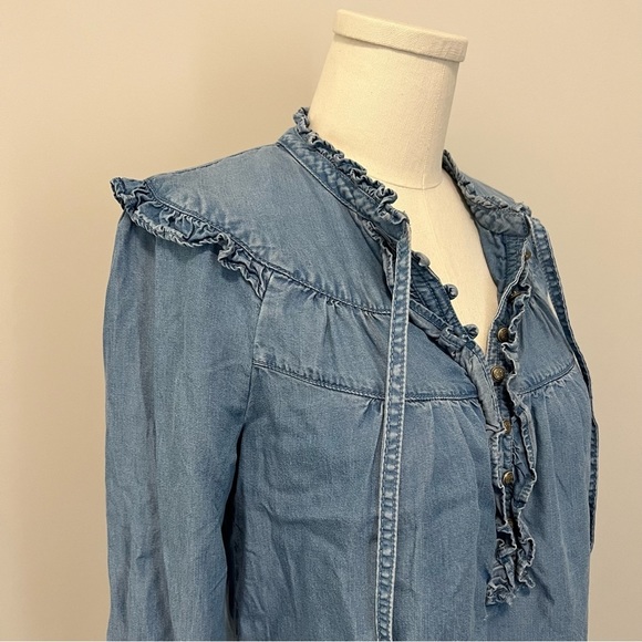 Anthropologie Maeve Chambray Ruffle Long Sleeve Top - Picture 8 of 15